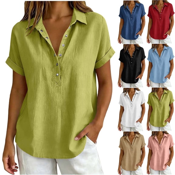 Ashirexll Summer Tops for Women Fashion Casual Linen Color Turtleneck Long Sleeve Button and Snap V-Neck Top Short Sleeve V-Neck Top