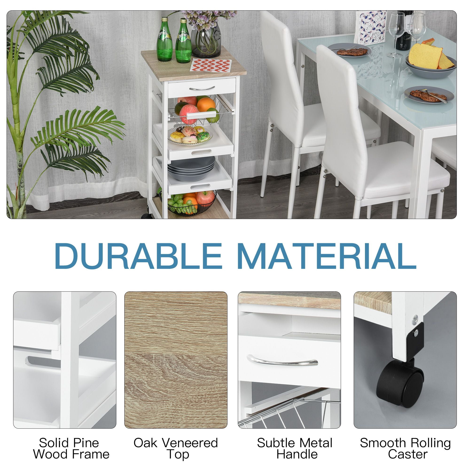 Rolling Kitchen Storage Cart with Drawer Pull Out Wire Basket & Serving Trays, Mobile Kitchen Island on Wheels Solid Wood Frame Compact Utility Cart White with Oak Veneer Top