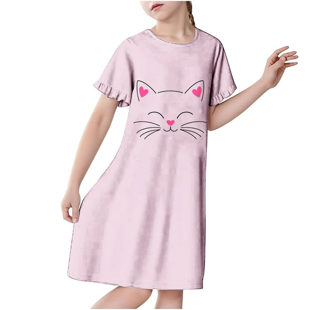 RXIRUCGD 2025 Vêtements d'Été pour Enfants 3-12 Ans Mode Imprimée Pyjama Rêveur Mi-Mollet Chemise de Nuit