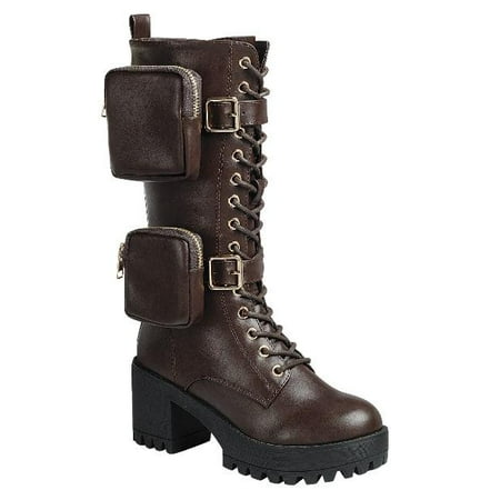 

Chunky Heel Lug Sole Double Pocket Moto Chic Platform Combat Boot Amulet Lace Up Bootie (8 Brown-34)