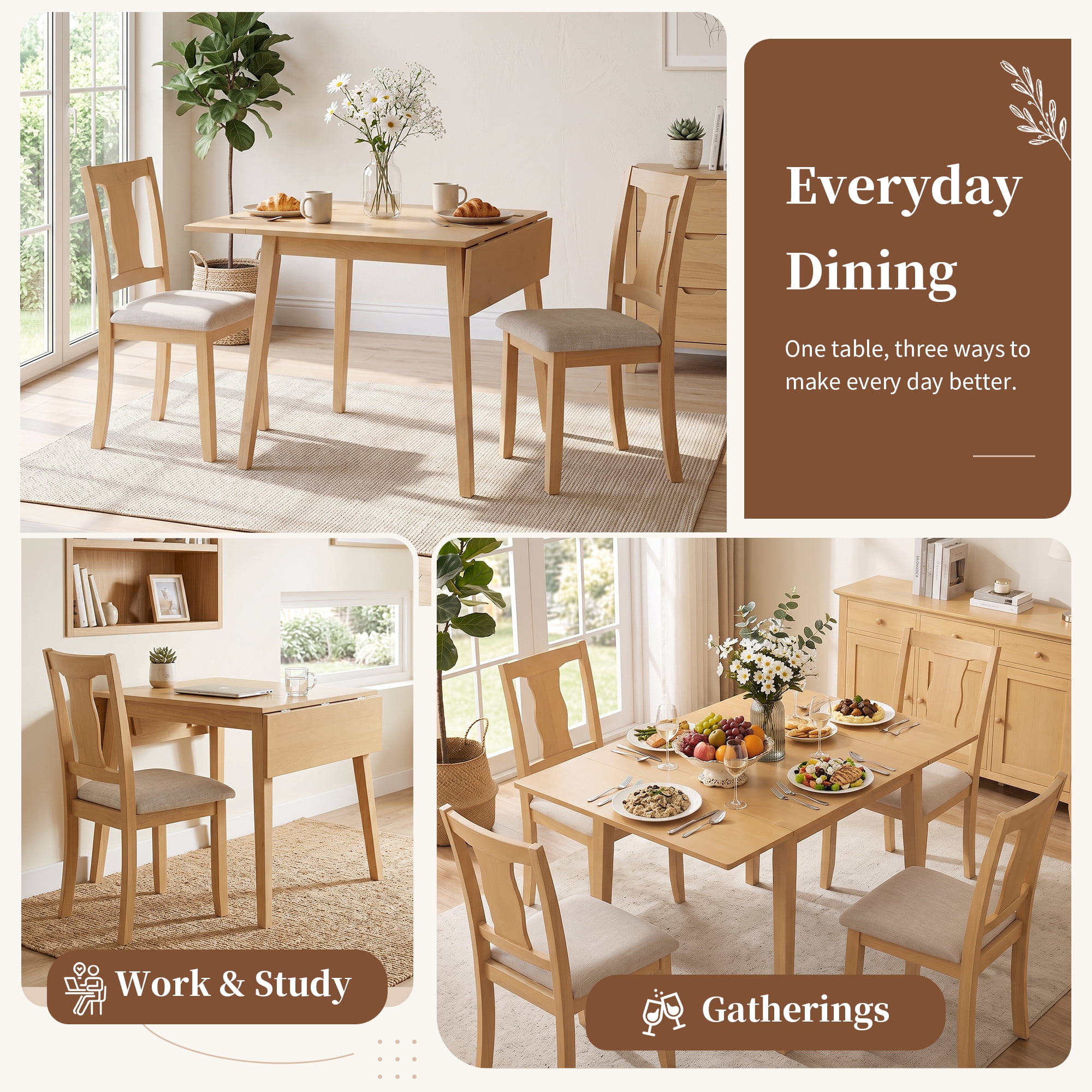 Euroco 3 Piece Wood Dining Table Set, Modern Breakfast Nook Kitchen Table Set with Drop Leaf and 2 Upholstered Chairs for Small Places,Natural