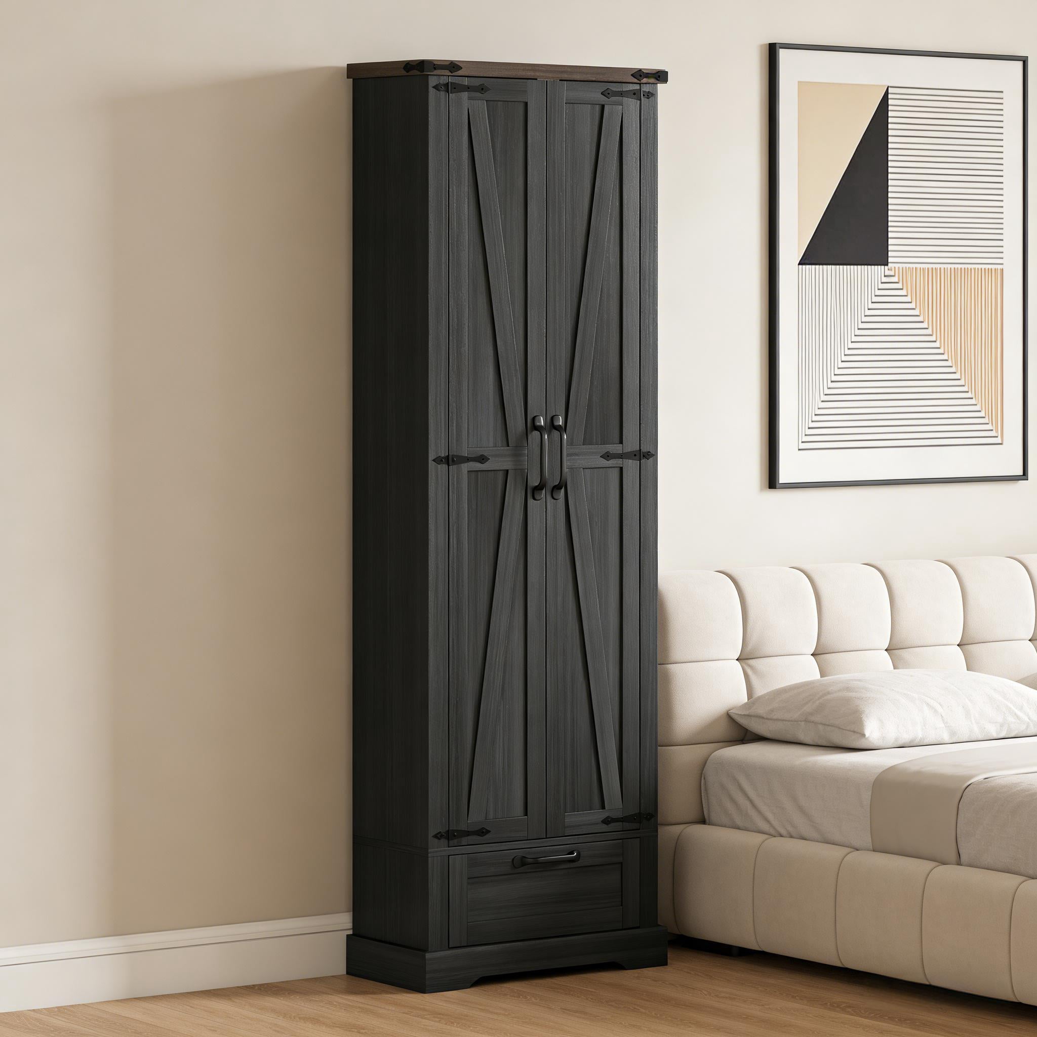 Farmhouse Pantry Cabinet, 70.9" Tall Kitchen Pantry Storage Cabinet with Barn Door,Drawer & Adjustable Shelves