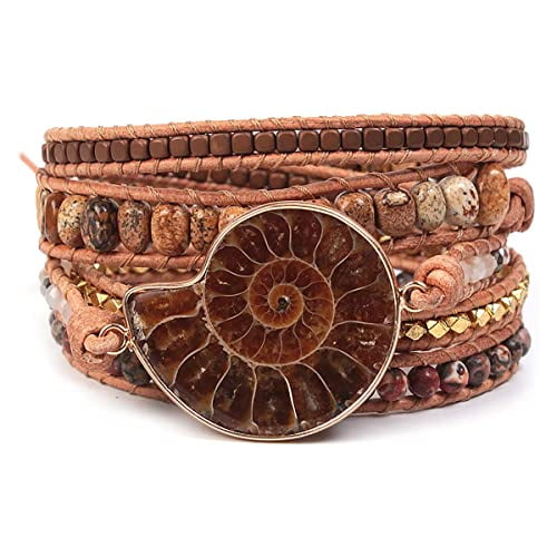 Handmade Gemstone Wrap Bracelet Leather Braided Boho Fossil Stone Bracelet for Women 5 Wraps Gold BRB6D-Fossil 0