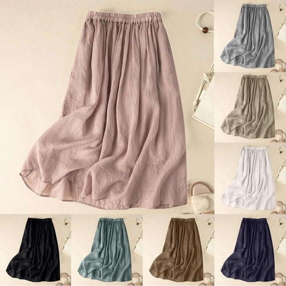 Paiwinds Women's High Waist Fold Elastic A-Line Midi Skirt Solid Color Flowy Loose Fit Casual Skirt for Work and Daily Wear