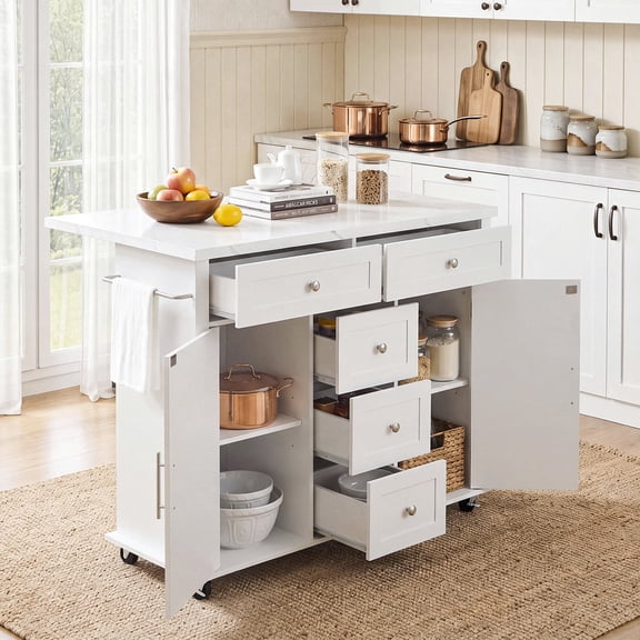 ROGALIS 47" Kitchen Island Cart with Storage, Faux Marble Top, Drop Leaf, Power Outlets & USB Ports, Rolling Kitchen Island, White