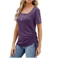 thumbnail image 2 of WREESH Women's Henley Shirt Fashion Scoop Neck Short Sleeve Solid Color Out Blouse Purple, 2 of 7