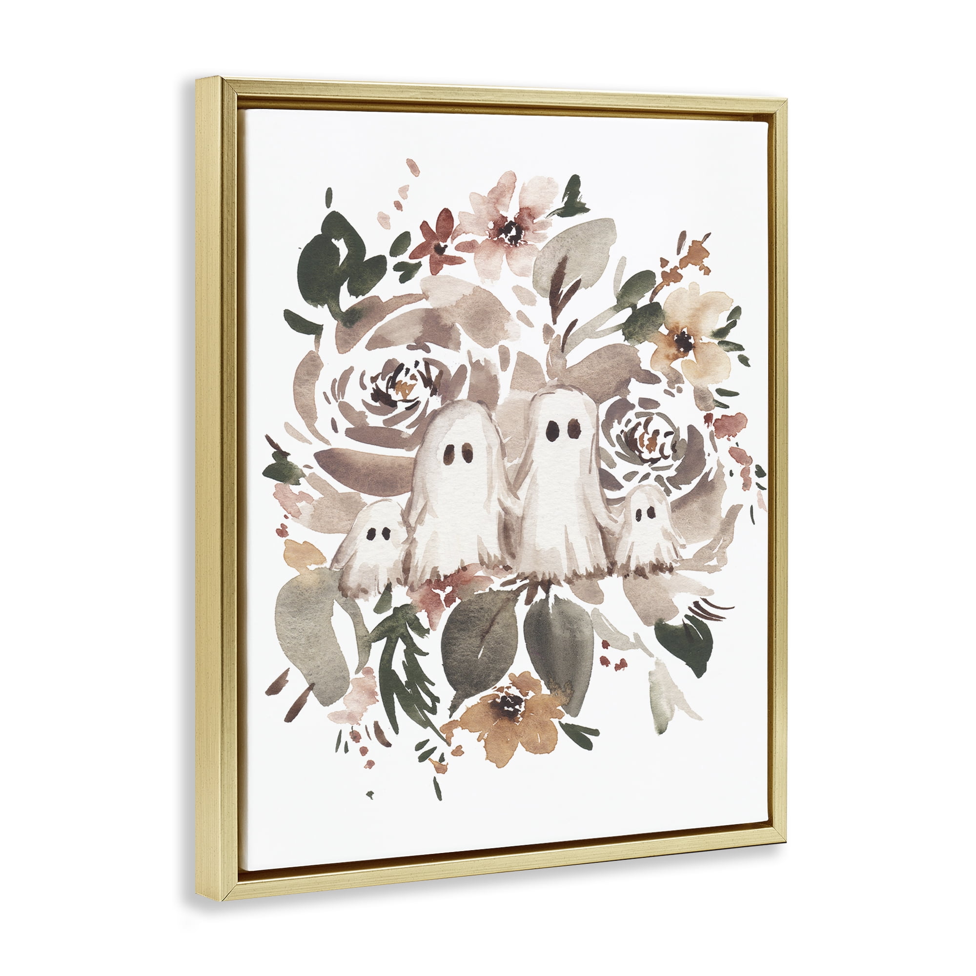 Stupell Industries Little Ghosts with Botanicals Holiday Painting Gold Floater Framed Canvas Art Print Wall Art, 25 x 31