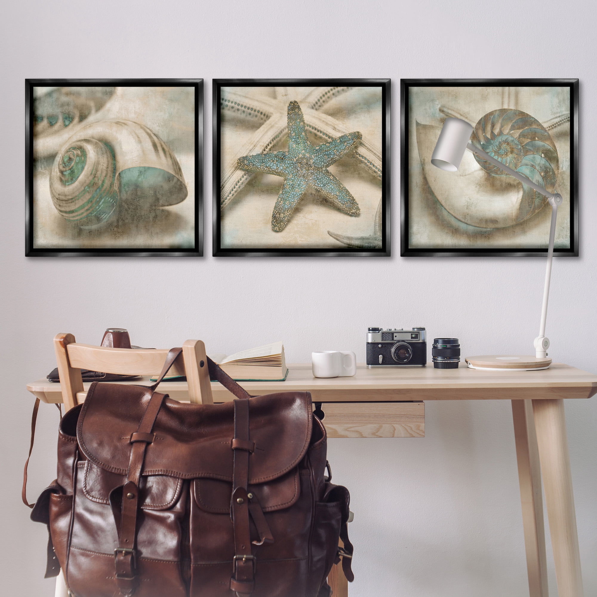 Stupell Industries Starfish & Sea Shells Distressed Nature Painting Black Floater Framed Canvas Art Print Wall Art, 25 x 25, Set of 3