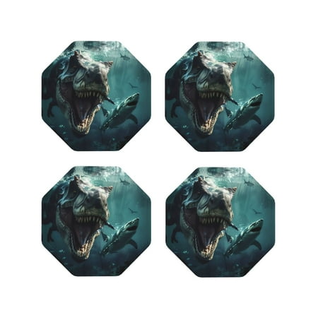 

Leather Coasters Set of 4 - Underwater Dinosaur Shark Lightweight Non-Slip Drink Coasters for Desk Anti-Scalding Desk Cup Coasters for Office Table Decor Octagon
