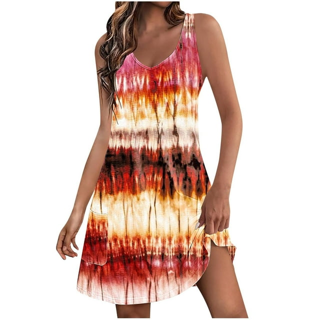 Pisexur Robes d'Été pour Femmes Tendance Bohème Imprimé Teinture sur Nœuds Robe de Plage Col Rond Sans Manches Ligne A Robes Soleil avec Poches