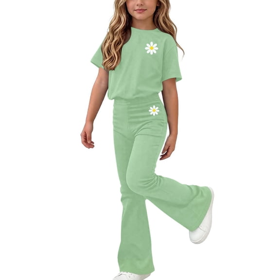 ATOGUTA Girls Set Short Sleeve Graphic Tops and Long Pants Teens Clothing Set Size 5T-15, Green