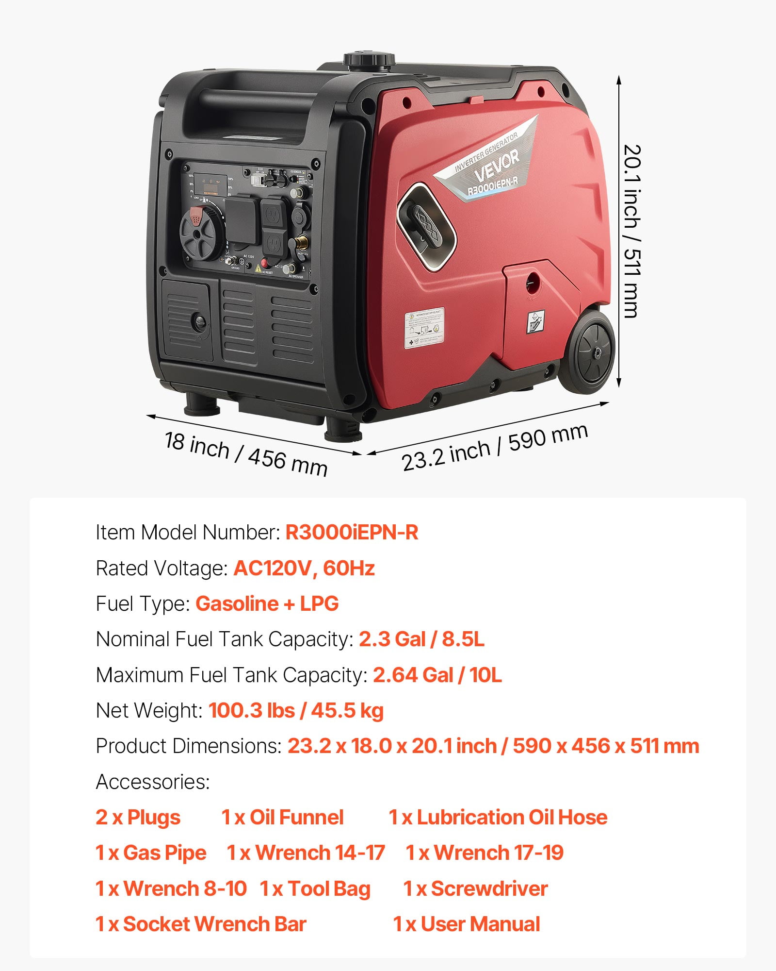 VEVOR Inverter Generator, 4200W Peak Watt Quiet Inverter Generator, Dual Fuel Inverters Generators for Home Outdoor, Gas & LPG Powered, Stable Power, CO Sensor, RV Ready 8.3A Outlet, Long Run Time