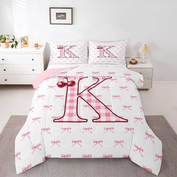 Feelyou Pink Monogrammed K Bedding Comforter Set, Cartoon Bowknot Cherry Twin Comforter Sets, Chic Watercolor Bow-tie Reversible Bedding Set, Ultra Soft Bedroom Decor, 2-Piece