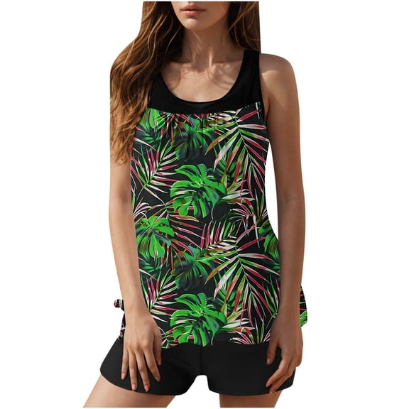 Womens One Piece Swimsuits Conservative High-waisted Fashionable Printed Two-piece Swimsuit Green,L