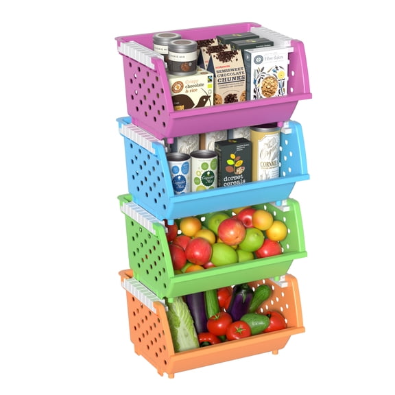 Aninhao 4 Pack Large Open Front Storage Basket, Colored Stacking Baskets for Pantry