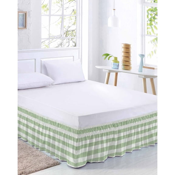 Sage Linen Stripes Bed Skirt King Size 16 Inch Drop, Vintage Country Adjustable Elastic Dust Ruffles Bedskirt for King Bed Wrap Around Pleated Mattress Frame Cover