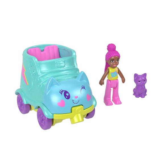 Polly Pocket Vehicle Set, Micro Doll with Roller Skate Theme Die-cast Car & Pet Cat Figure