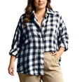 thumbnail image 6 of hoksml Women's Gingham Plaid Button Down Shirt, Drop Shoulder Oversized Blouse with Lapel Collar, Rolled Cuffs and Relaxed Fit, 6 of 9