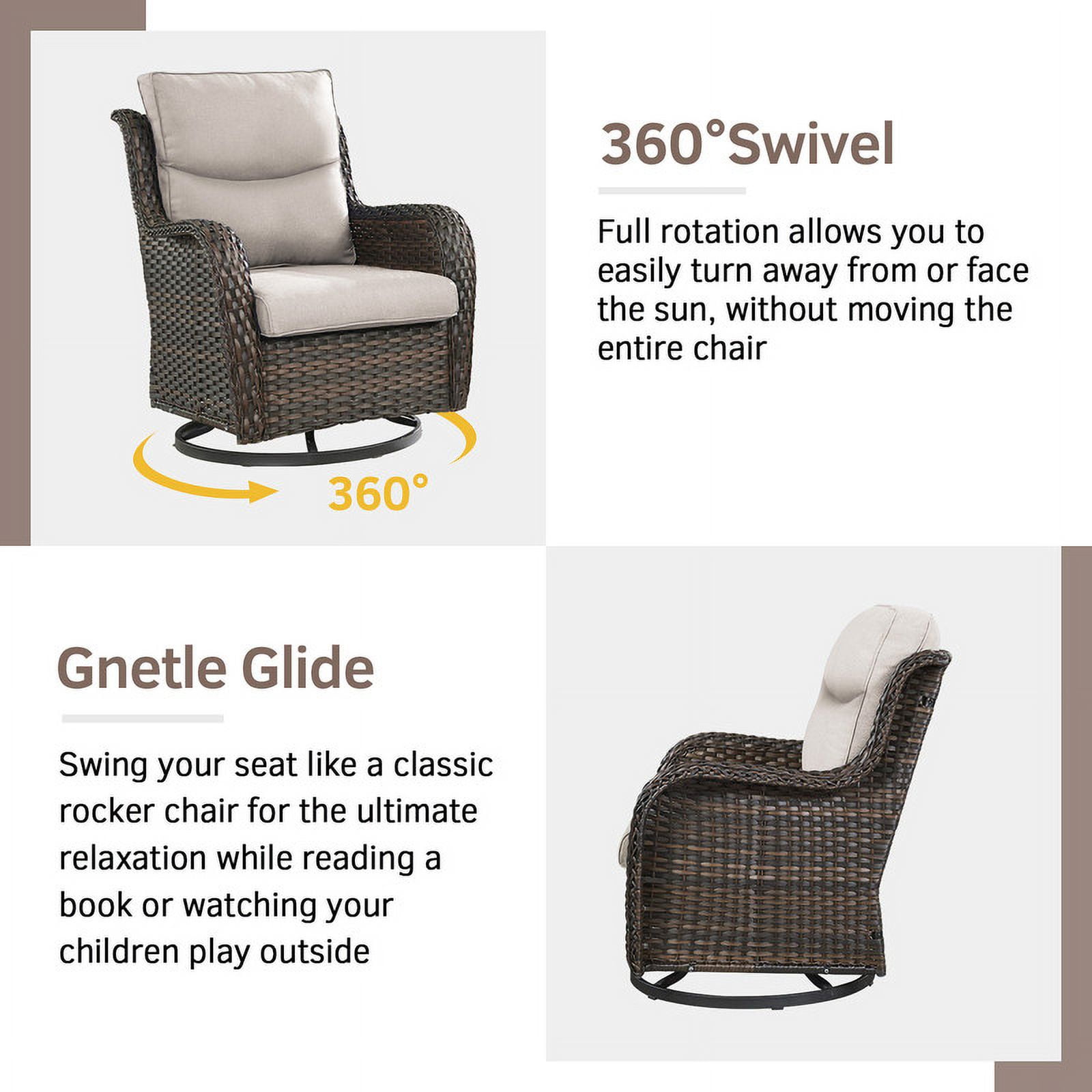 PARKWELL 3-Piece Patio Wicker Chairs Swivel Rocker Set,Outdoor High Back Swivel Glider Rocking Lounge Chairs with Side Table for Patio Deck Garden,Brown/Beige