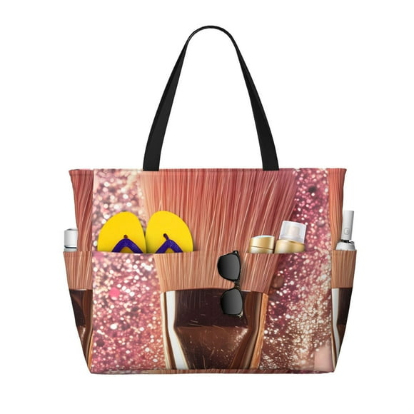 Disketp Makeup Brush on Pink Glitter Bolsa de Playa de Gran Capacidad, Bolso Impermeable y a Prueba de Arena para Mujer, Ideal para Playa, Piscina y Natación