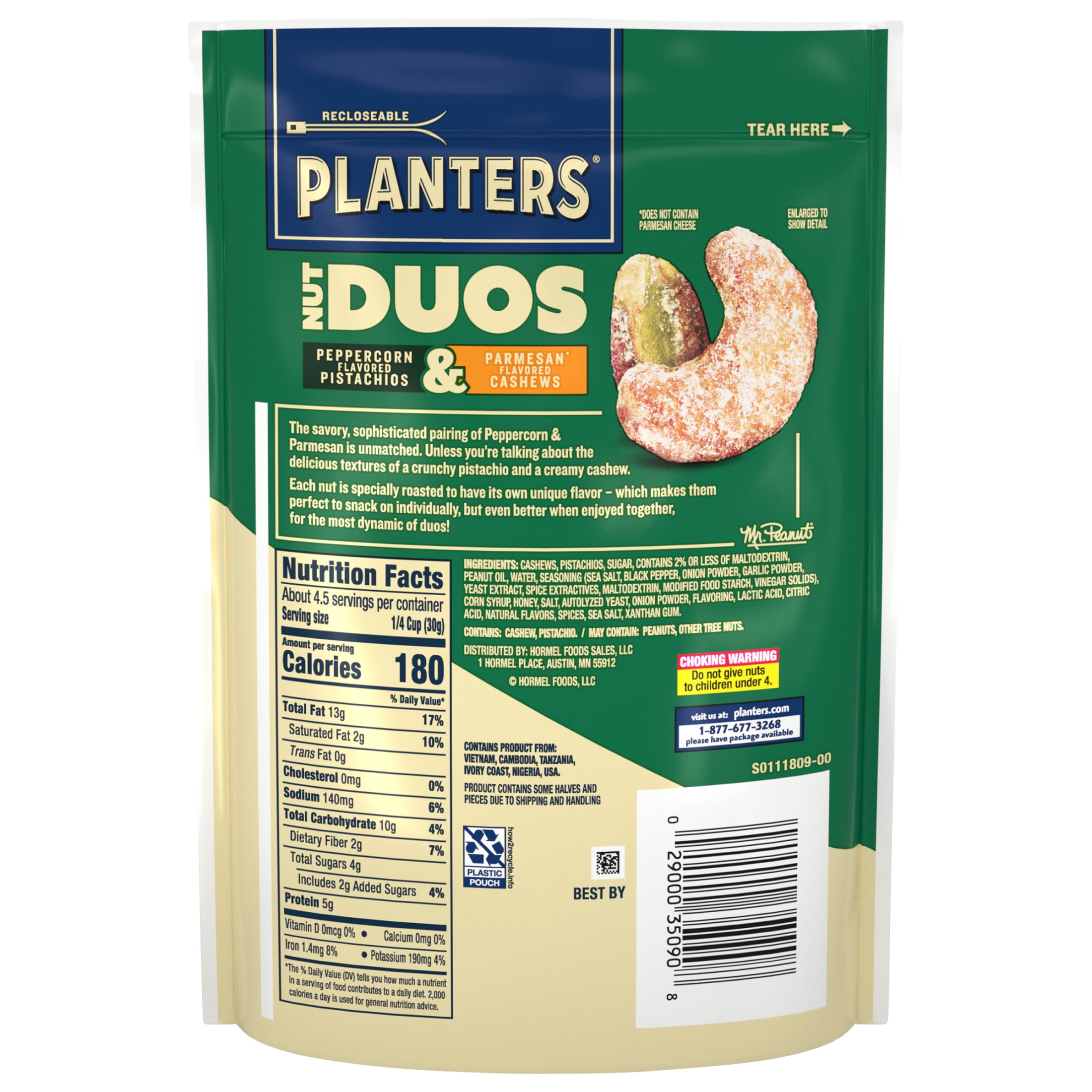(6 pack) PLANTERS Nut Duos Peppercorn Pistachio and Parmesan Flavored Cashew, 5 oz Resealable Bag