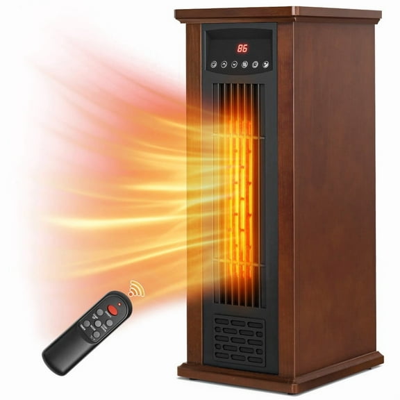 Edendirect 1500W Electric Infrared Tower Quartz Heater,with Tip-Over,Remote Control,3 Heat Settings,12H Timer,Dark Brown