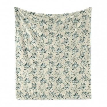 Sketch Soft Flannel Fleece Throw Blanket, Leaf Silhouettes Doodle Style Scribbled Botany Motifs Drawn by Hand, Cozy Plush for Indoor and Outdoor Use, 50" x 60", Dark Teal and Eggshell, by Ambesonne