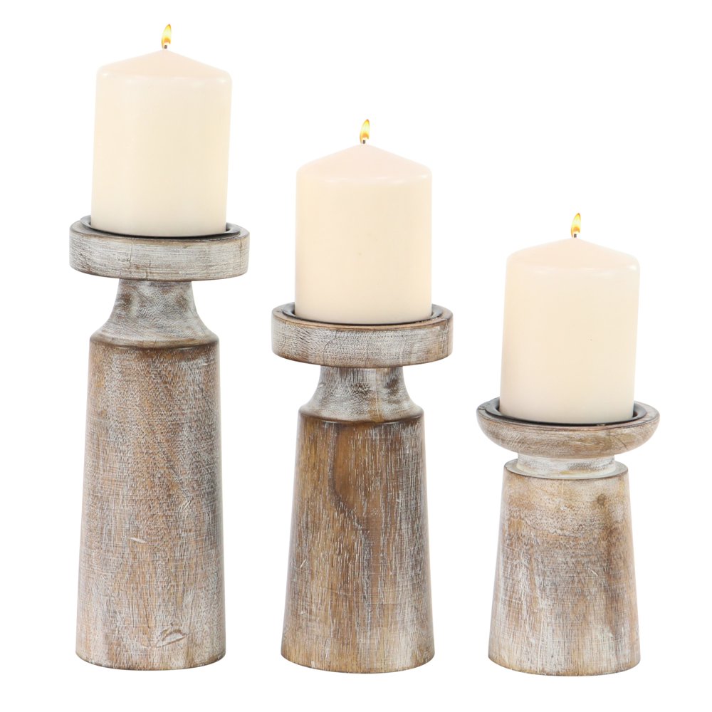 Wooden Round Candle Holder with Pedestal Stand, Set of 3, Distressed