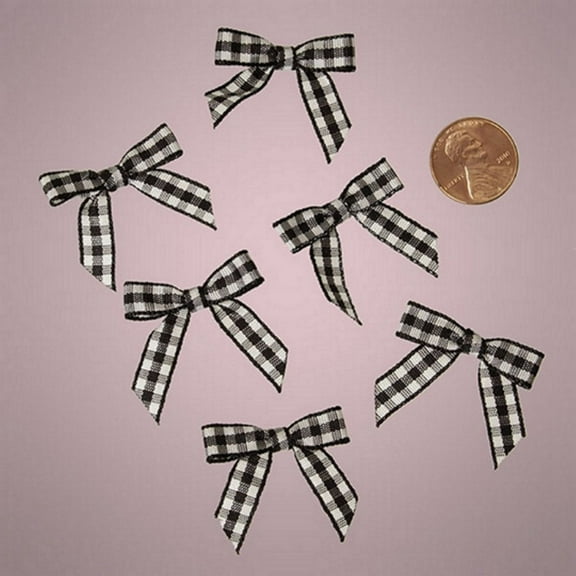 Black and White Pre-Tied Tiny Gingham Checkered Bows - 1 3/16in. x 1 1/4in. - 25 Pack