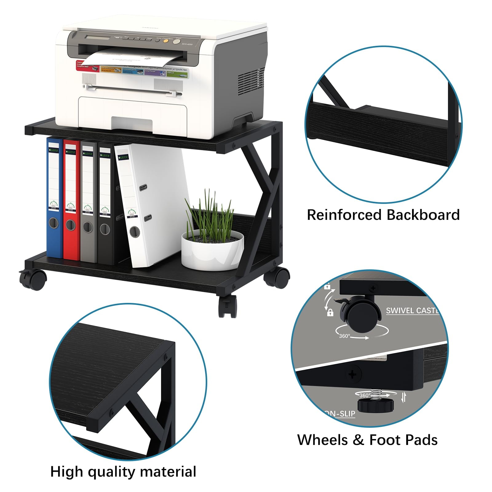 Desktop Printer Stand with 2 Tier Wood Storage Shelves,Under Desk Printer Table,Multi-Purpose Home Office Desk Organizer for Fax Machine, Scanner (Black)