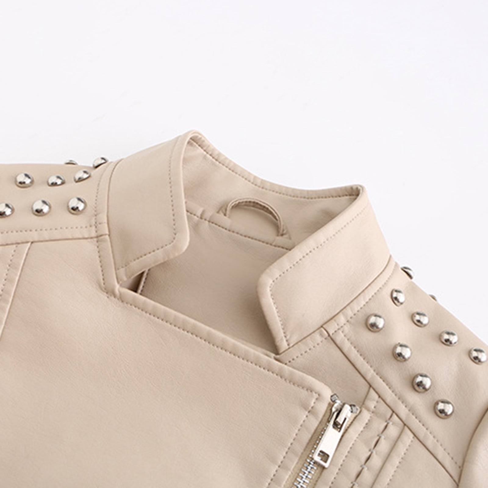 Gifts for Girls! QATAINLAV Women's Casual Light Studded Shoulder Moto Biker Jackets Solid Casual Oblique Zip Faux Leather Motorcycle Coat Beige XL