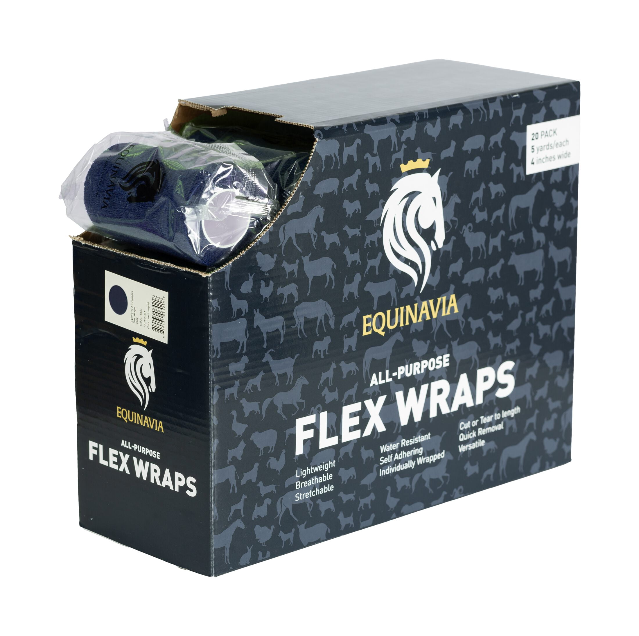 Equinavia 20 Pack Self Adhesive 4 Inch Vet Wraps with Easy-Dispenser Case | Bandages for Horses, Pets, Sports, Tattoo - Black - 20 x 5 yd