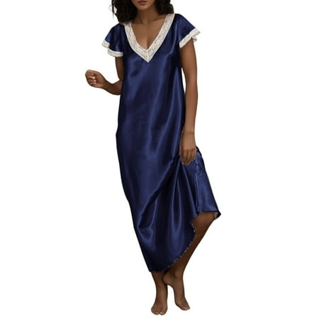 

Female Short S0Leeve V Neck Homewear Pajamas Long Dress Nightgowns Sleepwear
