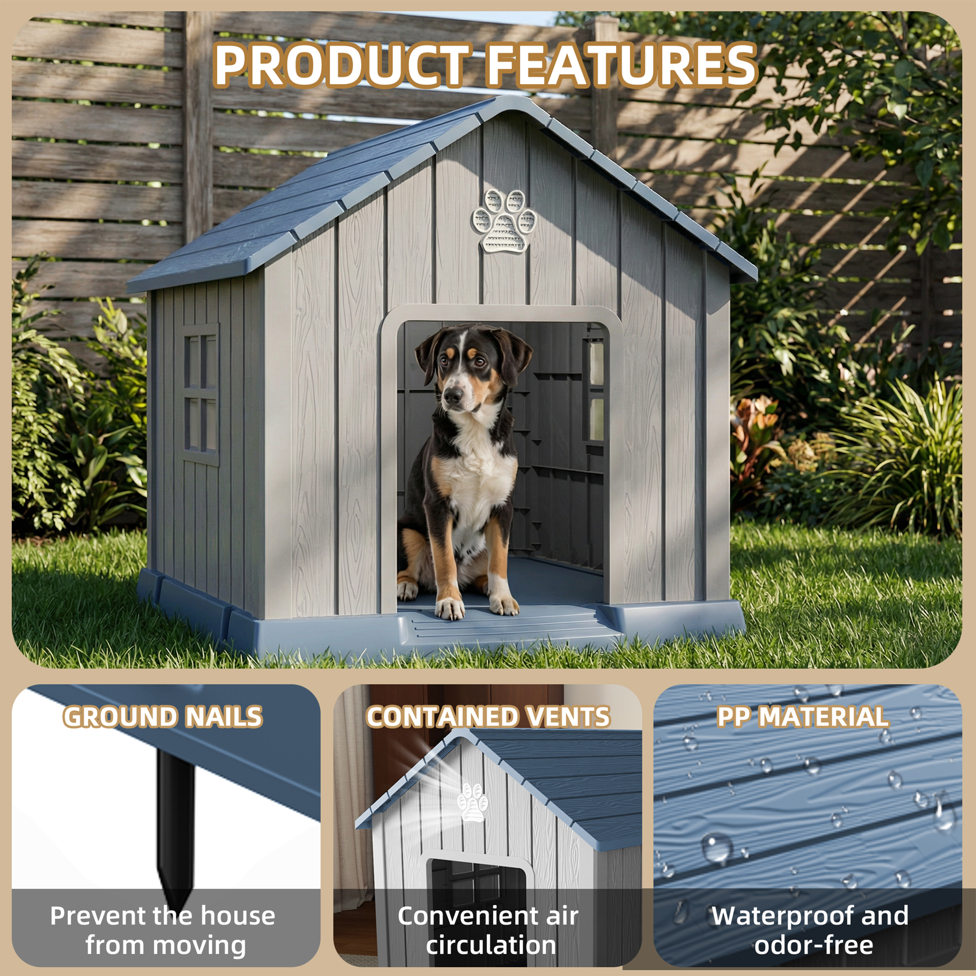 MAYEERTY Outdoor Weatherproof Dog House, Multi-Pet Shelter with Vents for Backyard Patio, Gray & Blue