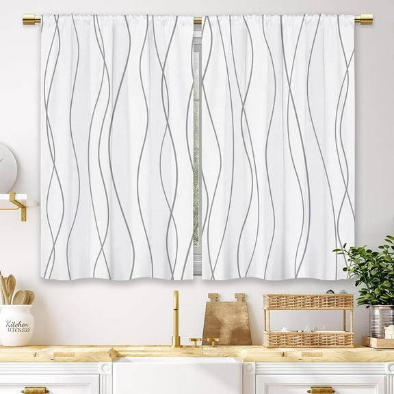 Grey and White Striped Kitchen Curtains Abstract Modern Small Short Cafe Window Curtains Minimalist Simple Rod Pocket Bathroom Window Drapes Treatment Tier Curtains 2 Panels (27.5x36 Inch)