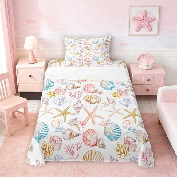 Manfei Watercolor Seashell Starfish Coral Twin Sheet Sets for Kids Girls, Cartoon Sealife Bedding 3pcs, 1 Flat Sheet, 1 Fitted Sheet and 1 Pillowcase