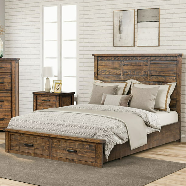 Rustic Reclaimed Pine Wood Queen Size, Pine Bed Frame With Drawers