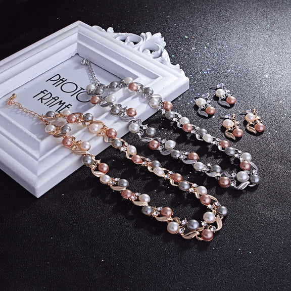 Naierhg 2Pcs/Set Adjustable Extension Chain Necklace Earrings Set Ear Studs Faux Pearl Bridal Earrings Necklace Set Jewelry Accessory