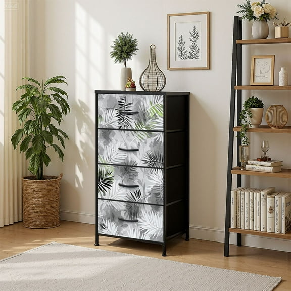 4 Drawer Vertical Storage Dresser Tropical palm leaves Camouflage jungle with Wood Top Fabric Pull Drawers