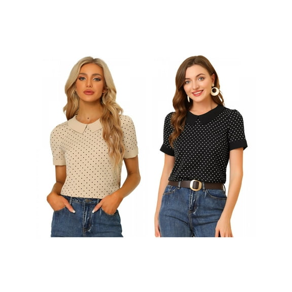 NOMADIC NOOK Women's 2 Packs Contrast Peter Pan Collar Polka Dots Short Sleeve Tops