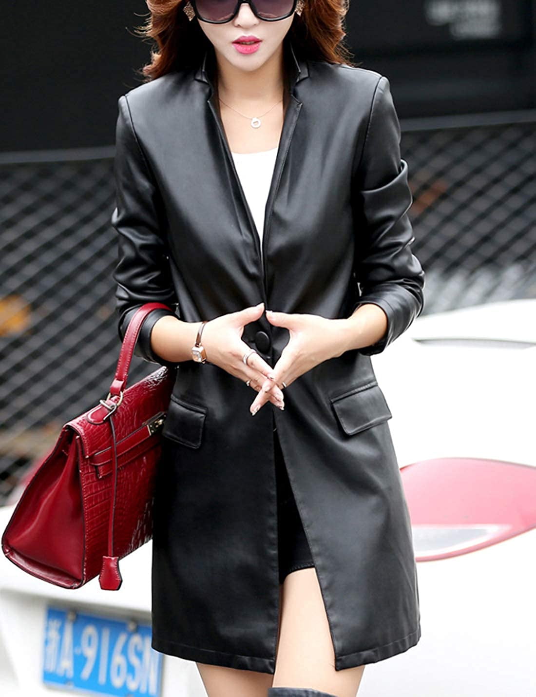 PIKADINGNIS Womens PU Faux Leather Jacket Casual Lapel Long Suit