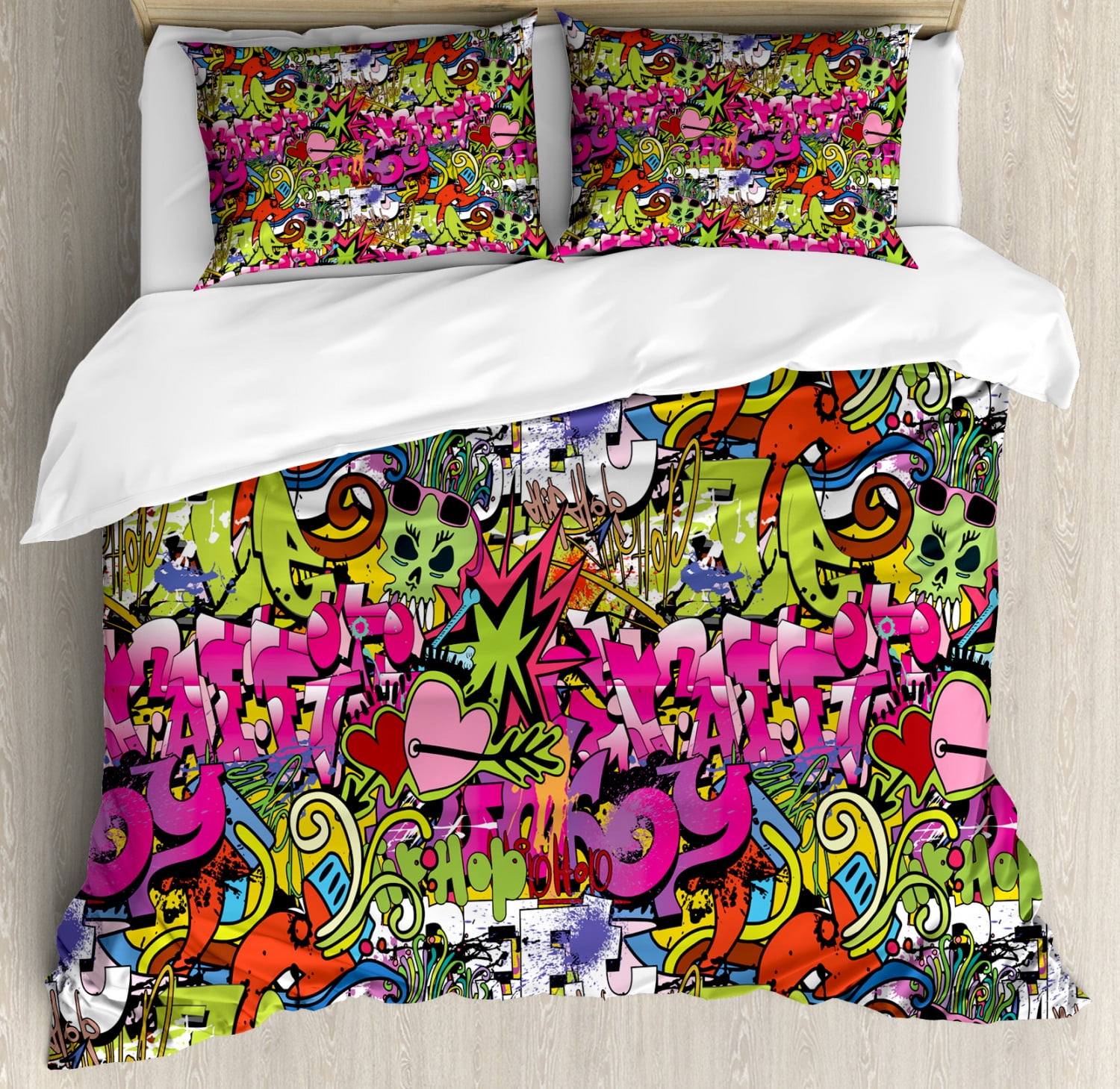 Urban Graffiti Queen Size Duvet Cover Set, Arrow Pierced Bubbly Hearts