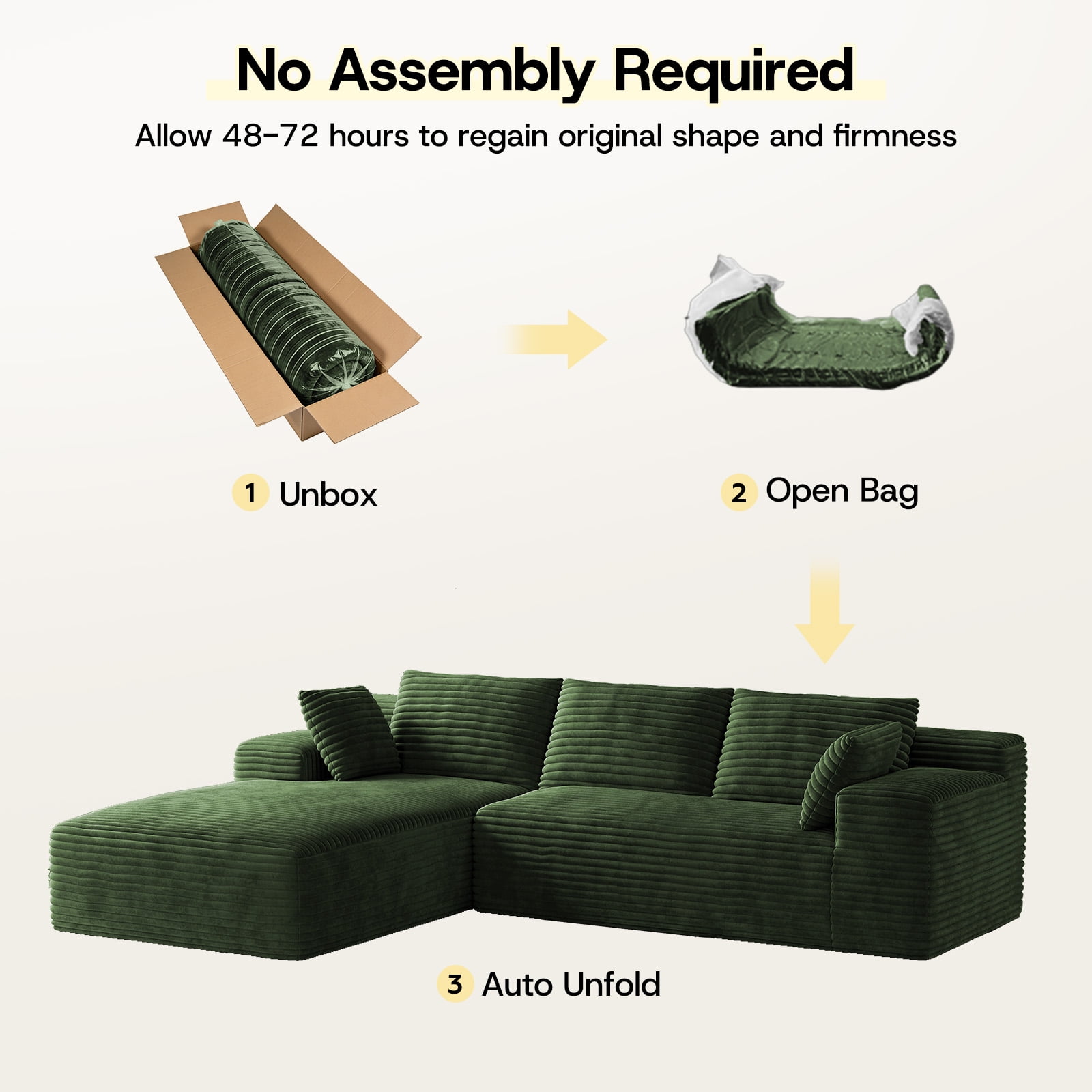 Patbrela 106" Sectional Sofa for Living Room, L-Shaped Modular Sectional Couches with Deep Seat, Corduroy Cloud Oversized Boneless Sofa No Assembly, Green