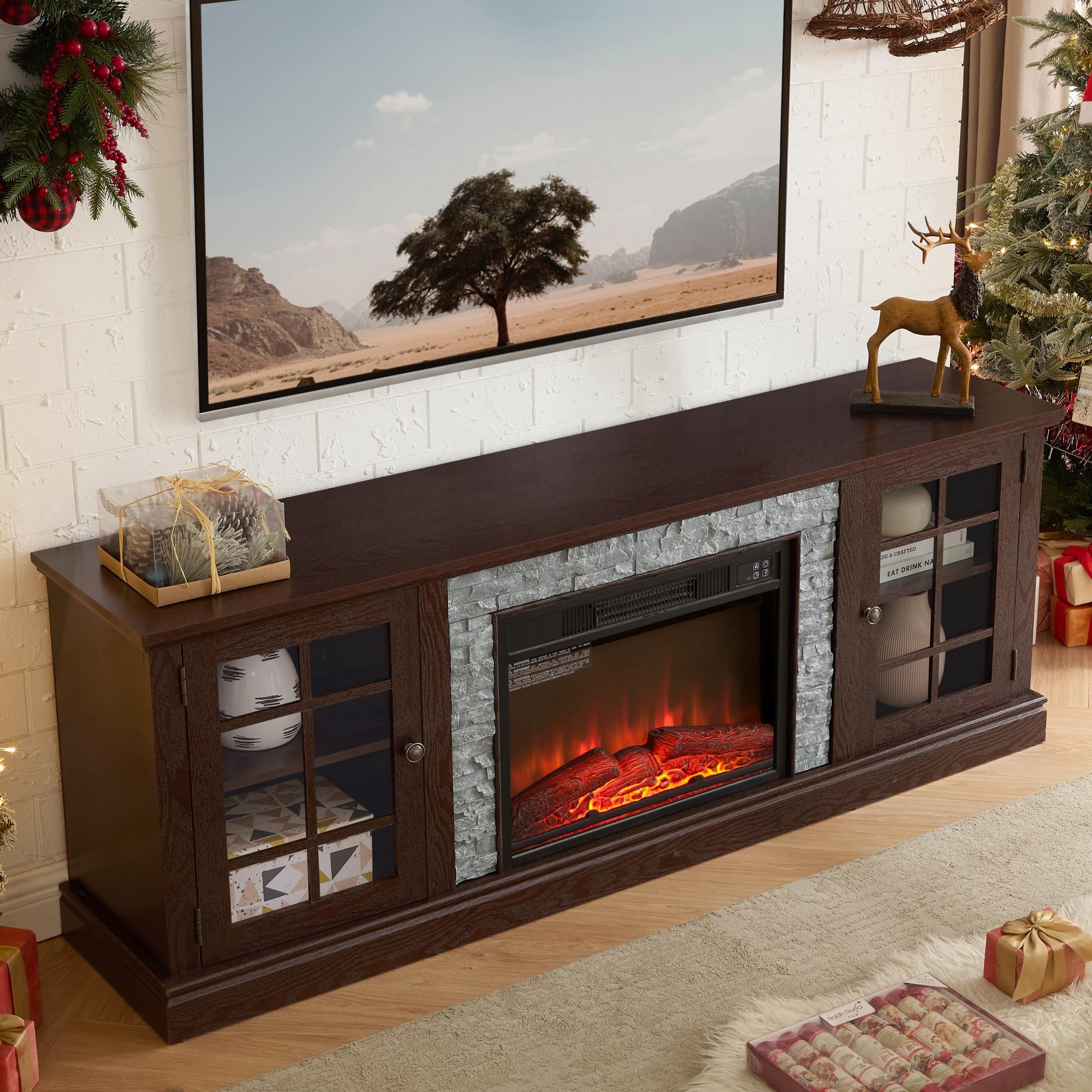 UHOMEPRO Fireplace TV Stand for TVs up to 75", White Large Entertainment Center with 23" Electric Fireplace for Living Room, 70" Modern TV Stand with 2-Door Storage