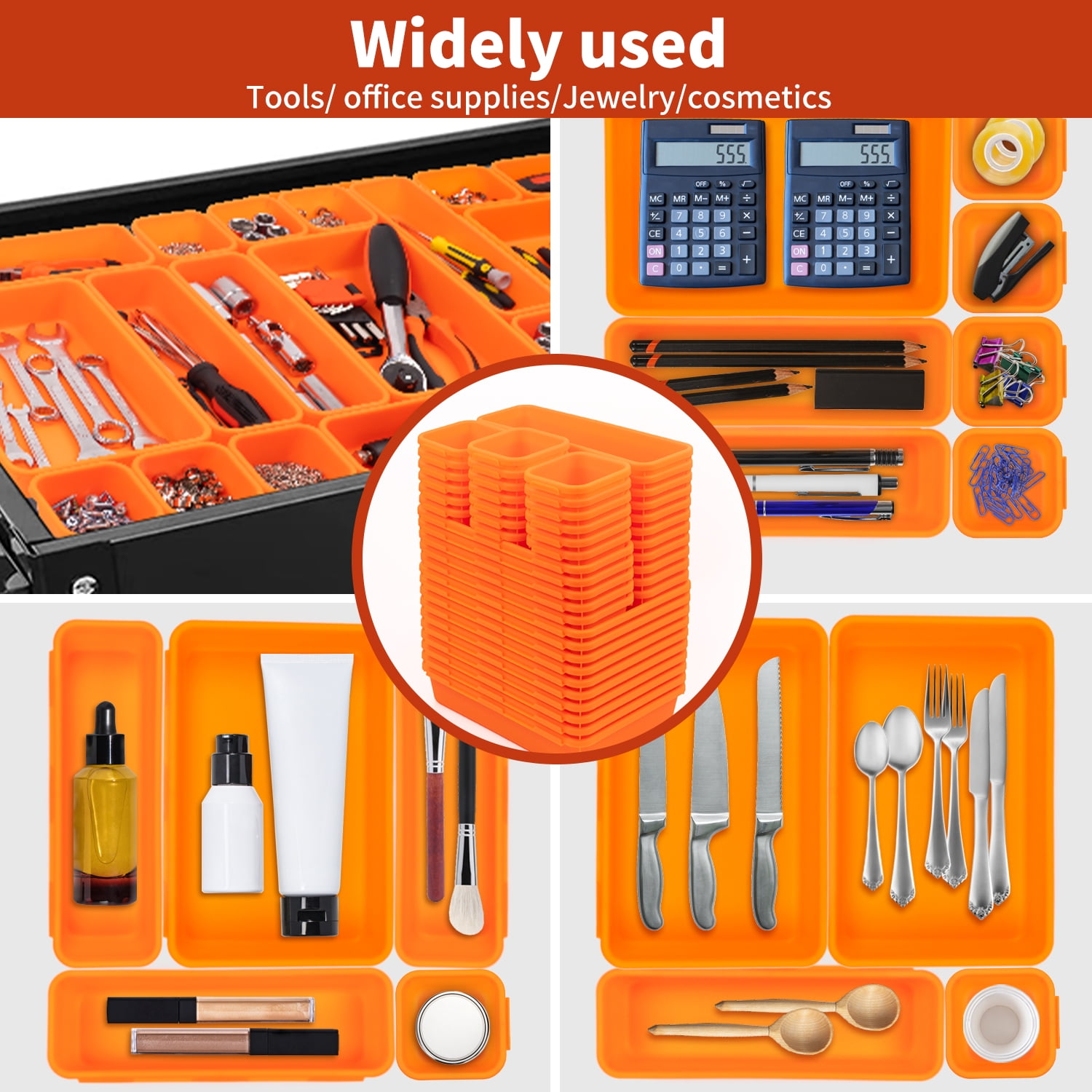 HAIDAIYA 45 Pack Drawer Organizer Trays Set, 3 Sizes Plastic Divider Storage Bins for Desk, Makeup, Tool Box, Jewelry (Orange)