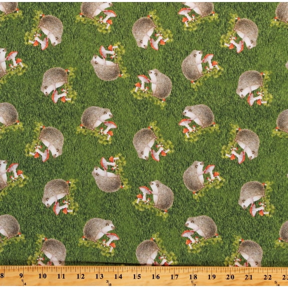 Cotton Hedgehogs Mushrooms Hedges Cute Green Grass Cotton Fabric Print by the Yard (1242-66)