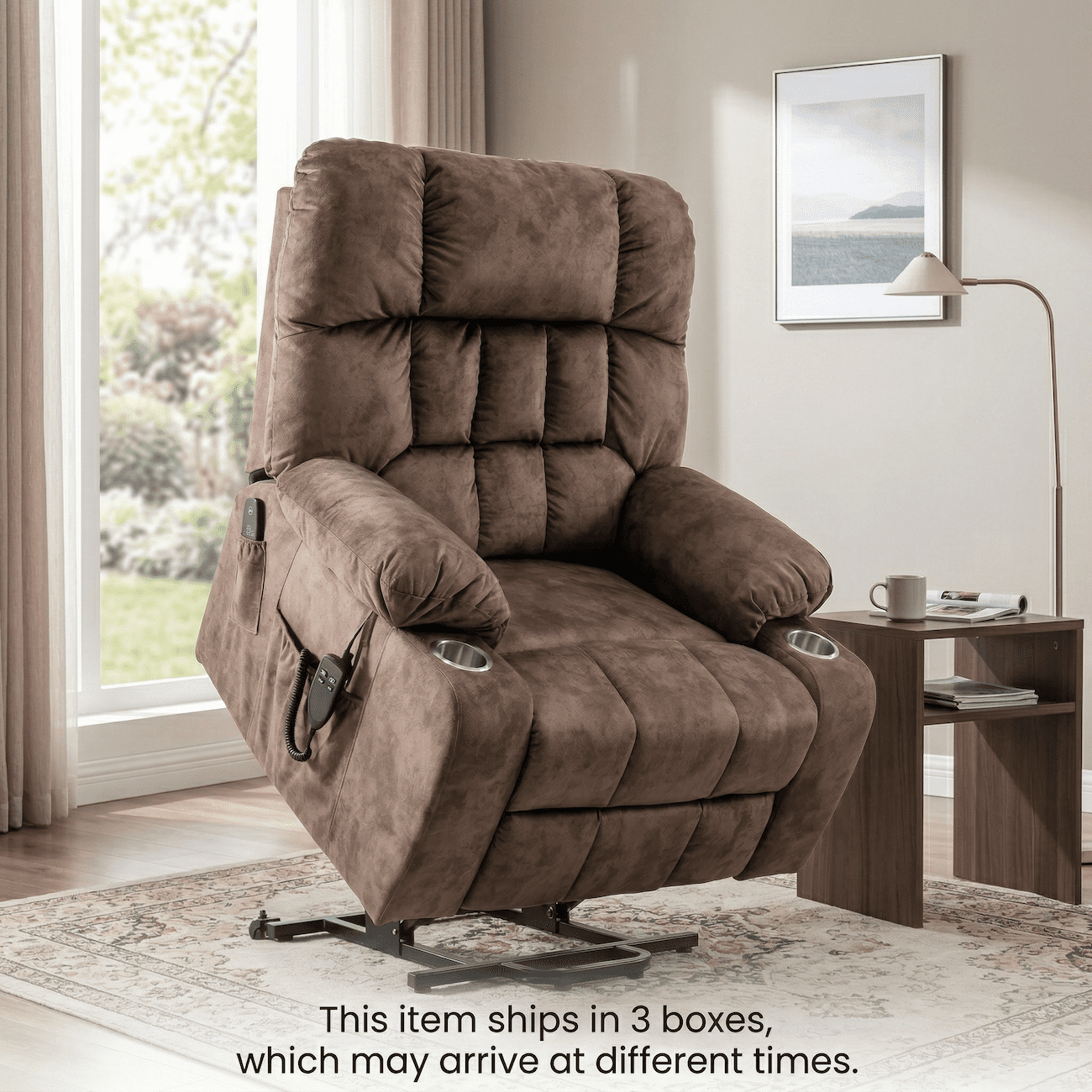 Power Lift Recliner Chair for Elderly with Massage and Heat, Dual Motor Infinite Position Recliner up to 180°, Overstuffed Wide Recliner with Cup Holders, Heavy Duty 400 lbs, Brown Velvet