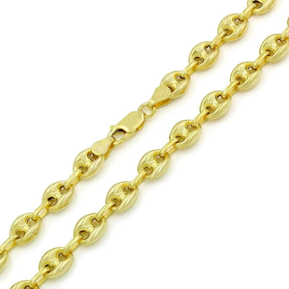 925 Sterling Silver 8mm Puff Mariner Chain, FREE Microfiber Cloth, Yellow Gold Plated Hollow Anchor Link Mens Womens Necklace, Giorgio Bergamo 16