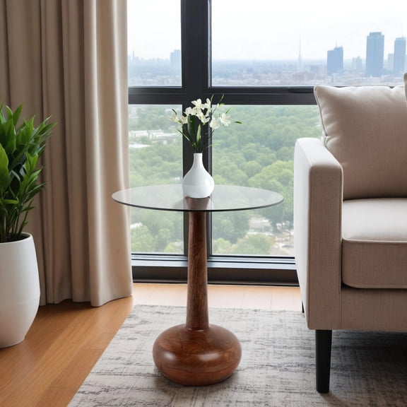 Round Modern Wood and Glass Accent Table Side Table for Home, Office, Bedroom & Living Room 21" Brown