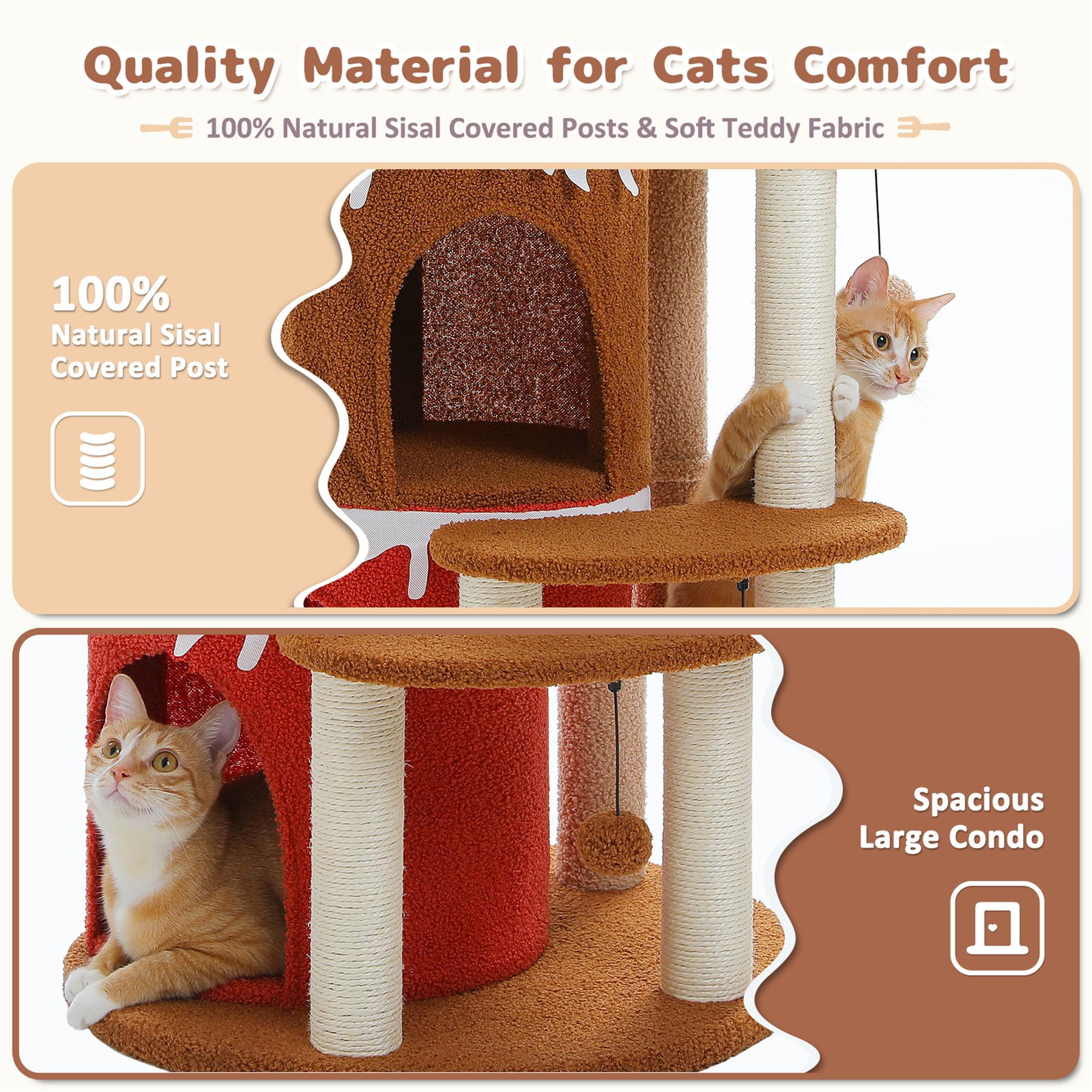 Kadyn 43" Cat Tree Tower for Indoor Cats, Cat Tree House with 3 Cat Condos, Platform, Scratching Posts, Hanging Ball, Cat Climbing Frame Bed, Brown